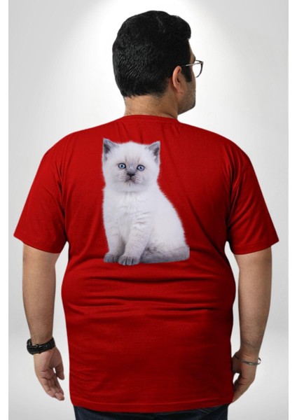 Beyaz Yavru Kedi Büyük Beden Kırmızı Tişört Kadın Erkek Ünisex Sırt Baskılı fırsatları