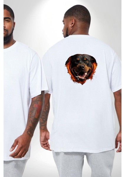 Rottweiler Ateşli Kafası Koca Kafa Büyük Beden Beyaz Tişört Kadın Erkek Ünisex Sırt Baskılı fiyatları