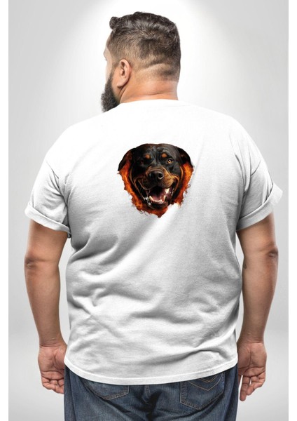 Rottweiler Ateşli Kafası Koca Kafa Büyük Beden Beyaz Tişört Kadın Erkek Ünisex Sırt Baskılı fırsatları