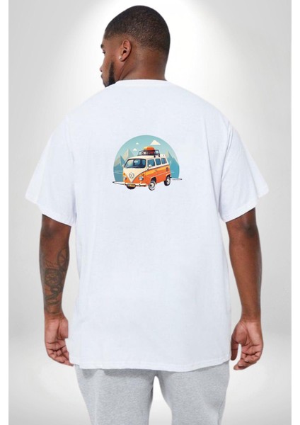 Wolkswagen Karavan Kış Gezisi Büyük Beden Beyaz Tişört Kadın Erkek Ünisex Sırt Baskılı