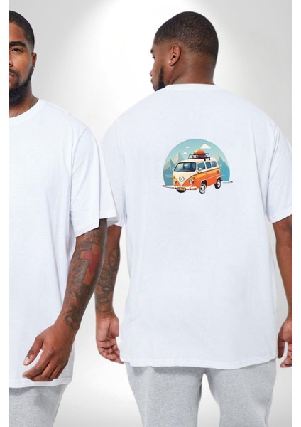 Wolkswagen Karavan Kış Gezisi Büyük Beden Beyaz Tişört Kadın Erkek Ünisex Sırt Baskılı fiyatları