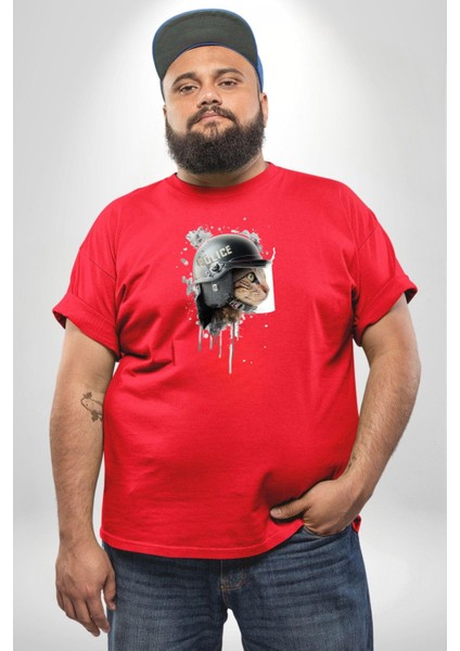 Kaket Polis Kedi Kırmızı Büyük Beden Erkek Kadın Unisex Basic Ön Baskılı Tişört fiyatları