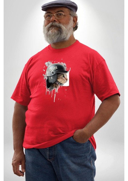 Kaket Polis Kedi Kırmızı Büyük Beden Erkek Kadın Unisex Basic Ön Baskılı Tişört fırsatları