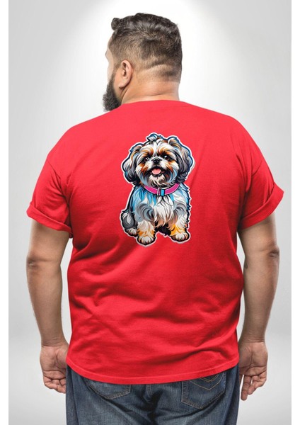 Shih Tzu Renkli Köpek Büyük Beden Kırmızı Tişört Kadın Erkek Ünisex Sırt Baskılı