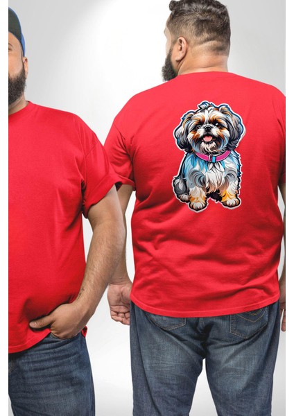 Shih Tzu Renkli Köpek Büyük Beden Kırmızı Tişört Kadın Erkek Ünisex Sırt Baskılı fiyatları