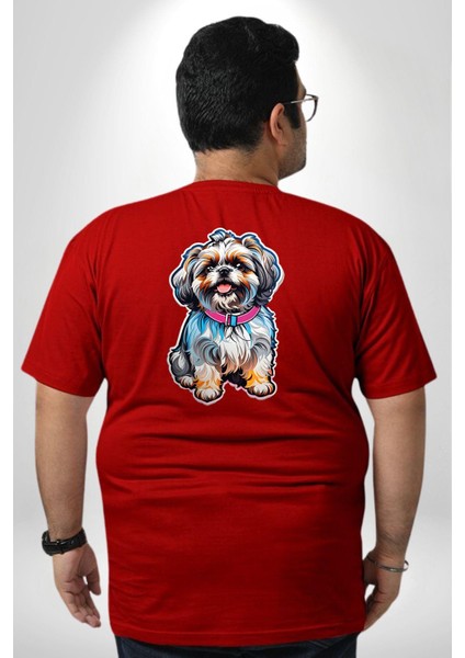 Shih Tzu Renkli Köpek Büyük Beden Kırmızı Tişört Kadın Erkek Ünisex Sırt Baskılı fırsatları