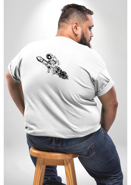 Roket Astronot Büyük Beden Beyaz Tişört Kadın Erkek Ünisex Sırt Baskılı fırsatları