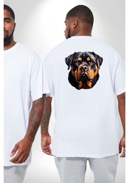 Rottweiler Kafası Büyük Beden Beyaz Tişört Kadın Erkek Ünisex Sırt Baskılı fiyatları