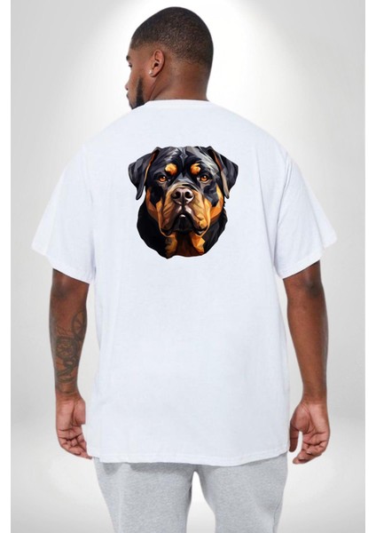 Rottweiler Kafası Büyük Beden Beyaz Tişört Kadın Erkek Ünisex Sırt Baskılı fırsatları