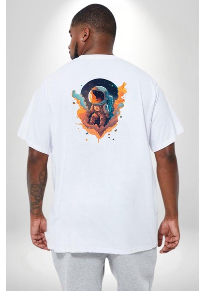 Bulutlar Astronot Uzay Büyük Beden Beyaz Tişört Kadın Erkek Ünisex Sırt Baskılı