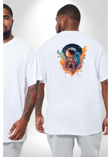 Bulutlar Astronot Uzay Büyük Beden Beyaz Tişört Kadın Erkek Ünisex Sırt Baskılı fiyatları