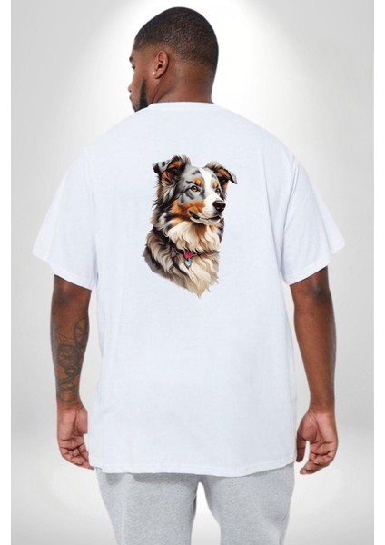 Australian Shepherd Köpek Büyük Beden Beyaz Tişört Kadın Erkek Ünisex Sırt Baskılı