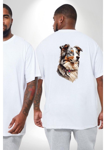 Australian Shepherd Köpek Büyük Beden Beyaz Tişört Kadın Erkek Ünisex Sırt Baskılı fiyatları
