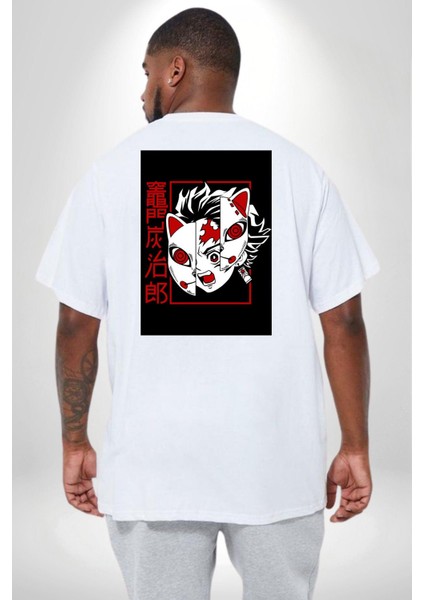 Anime Iblis Avcısı Kimetsu No Yaiba Maske Büyük Beden Beyaz Tişört Kadın Erkek Ünisex Sırt Baskılı