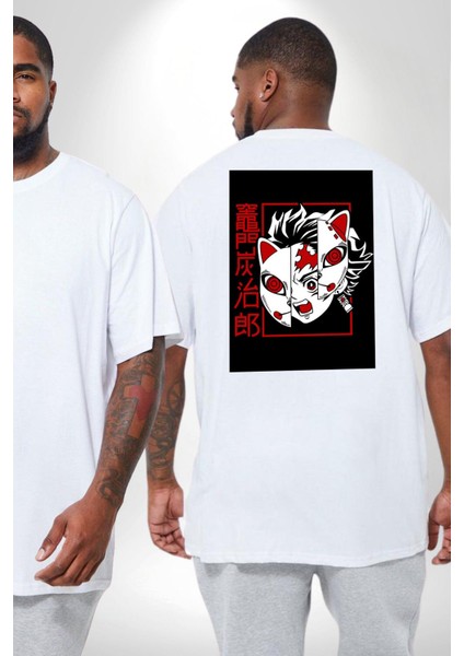 Anime Iblis Avcısı Kimetsu No Yaiba Maske Büyük Beden Beyaz Tişört Kadın Erkek Ünisex Sırt Baskılı fiyatları