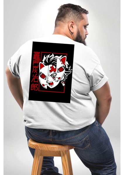 Anime Iblis Avcısı Kimetsu No Yaiba Maske Büyük Beden Beyaz Tişört Kadın Erkek Ünisex Sırt Baskılı fırsatları