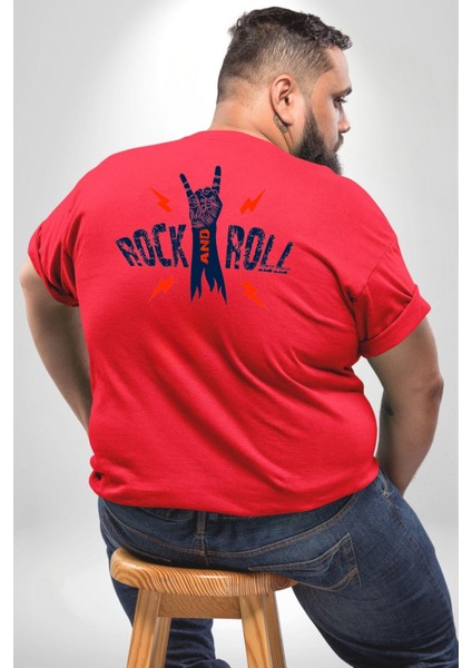 Rock And Roll Rock El Işareti Büyük Beden Kırmızı Tişört Kadın Erkek Ünisex Sırt Baskılı fırsatları
