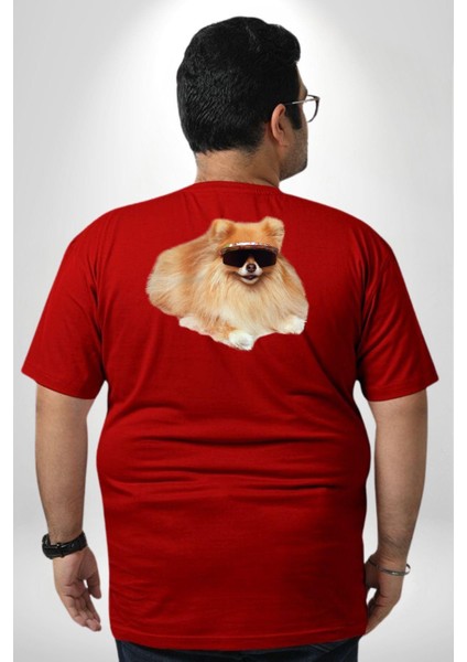 Pomernian Köpek Büyük Beden Kırmızı Tişört Kadın Erkek Ünisex Sırt Baskılı