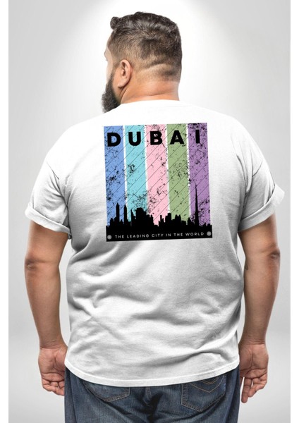 Dubai Şehir Silüeti Renkli Şehir Büyük Beden Beyaz Tişört Kadın Erkek Ünisex Sırt Baskılı