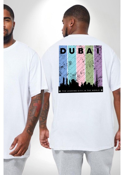 Dubai Şehir Silüeti Renkli Şehir Büyük Beden Beyaz Tişört Kadın Erkek Ünisex Sırt Baskılı fiyatları