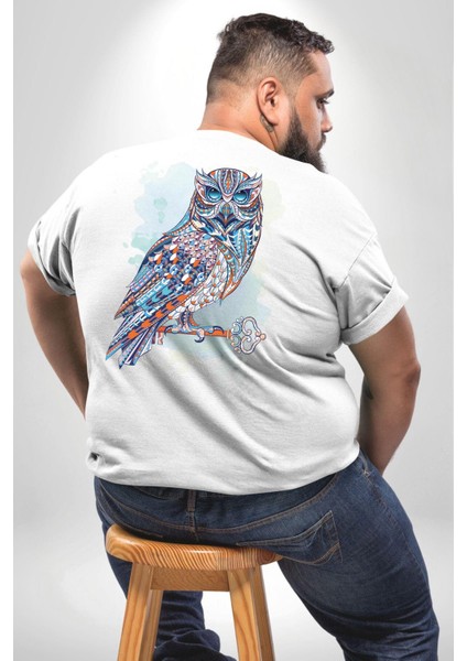 Anahtar Baykuş Tuval Büyük Beden Beyaz Tişört Kadın Erkek Ünisex Sırt Baskılı