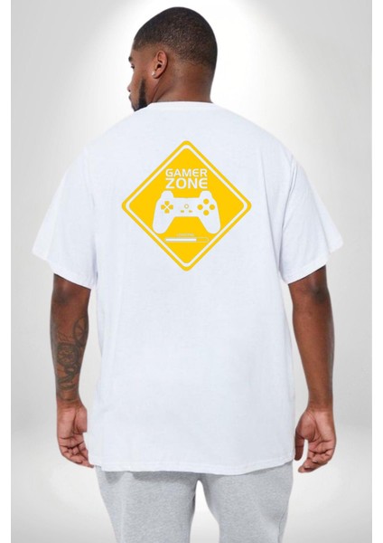 Game Oyun Alanı Büyük Beden Beyaz Tişört Kadın Erkek Ünisex Sırt Baskılı