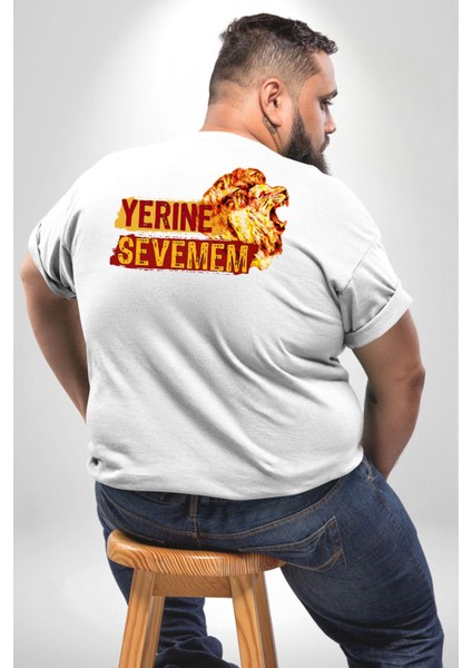Yerine Sevemem Aslan Sarı Beyaz Büyük Beden Beyaz Tişört Kadın Erkek Ünisex Sırt Baskılı