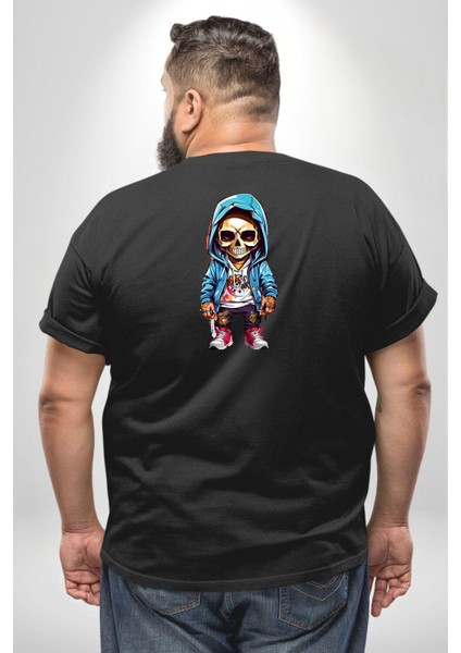 Hiphop Kurukafa Hoodie Büyük Beden Siyah Tişört Kadın Erkek Ünisex Sırt Baskılı