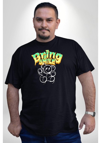 Beyin Gülüşü Siyah Büyük Beden Erkek Kadın Unisex Basic Ön Baskılı Tişört