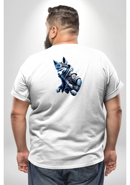 Mavi Beyaz Ateşli Kurt Büyük Beden Beyaz Tişört Kadın Erkek Ünisex Sırt Baskılı