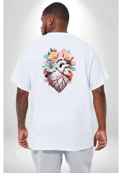 Porselen Çiçek Kalp Büyük Beden Beyaz Tişört Kadın Erkek Ünisex Sırt Baskılı