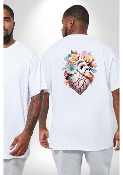 Porselen Çiçek Kalp Büyük Beden Beyaz Tişört Kadın Erkek Ünisex Sırt Baskılı fiyatları