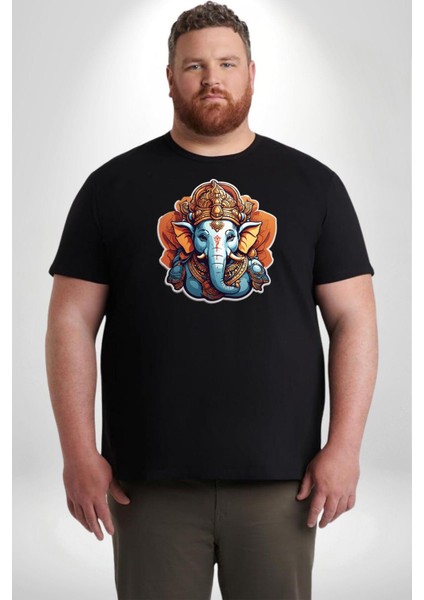 Hindu Fil Bereket Tanrısı Siyah Büyük Beden Erkek Kadın Unisex Basic Ön Baskılı Tişört