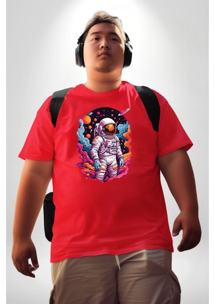 Ay Mars Astronot Kırmızı Büyük Beden Erkek Kadın Unisex Basic Ön Baskılı Tişört