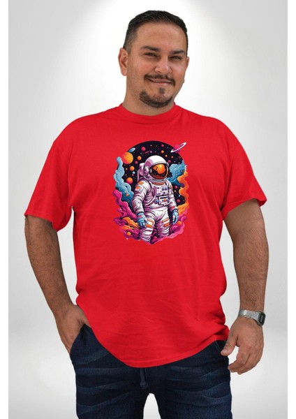 Ay Mars Astronot Kırmızı Büyük Beden Erkek Kadın Unisex Basic Ön Baskılı Tişört