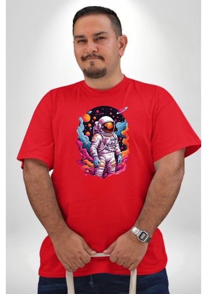 Ay Mars Astronot Kırmızı Büyük Beden Erkek Kadın Unisex Basic Ön Baskılı Tişört