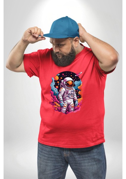 Ay Mars Astronot Kırmızı Büyük Beden Erkek Kadın Unisex Basic Ön Baskılı Tişört