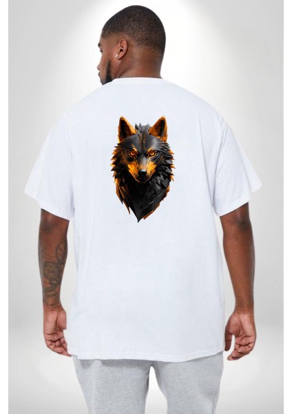 Beyaz Ateşli Sinirli Kurt Büyük Beden Beyaz Tişört Kadın Erkek Ünisex Sırt Baskılı
