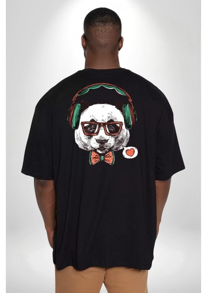 Kulaklıklı Hipster Portre Panda Büyük Beden Siyah Tişört Kadın Erkek Ünisex Sırt Baskılı