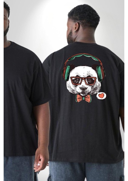 Kulaklıklı Hipster Portre Panda Büyük Beden Siyah Tişört Kadın Erkek Ünisex Sırt Baskılı fiyatları