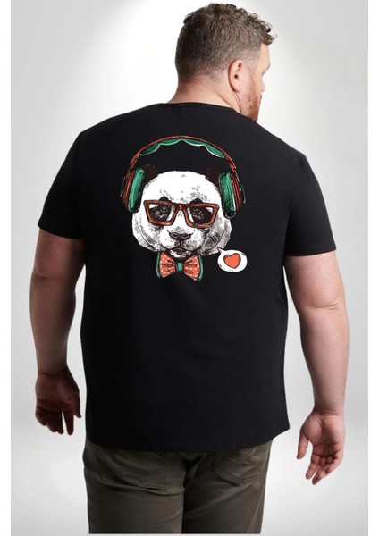 Kulaklıklı Hipster Portre Panda Büyük Beden Siyah Tişört Kadın Erkek Ünisex Sırt Baskılı fırsatları
