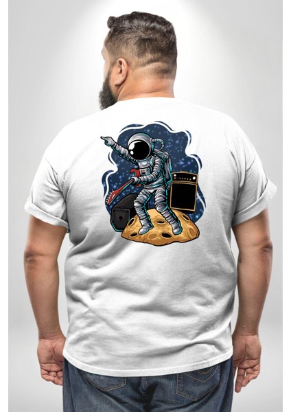 Gitar Astronot Müzik Uzay Büyük Beden Beyaz Tişört Kadın Erkek Ünisex Sırt Baskılı