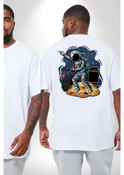 Gitar Astronot Müzik Uzay Büyük Beden Beyaz Tişört Kadın Erkek Ünisex Sırt Baskılı fiyatları