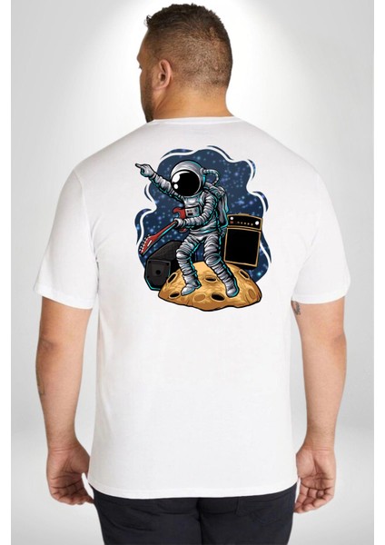 Gitar Astronot Müzik Uzay Büyük Beden Beyaz Tişört Kadın Erkek Ünisex Sırt Baskılı fırsatları