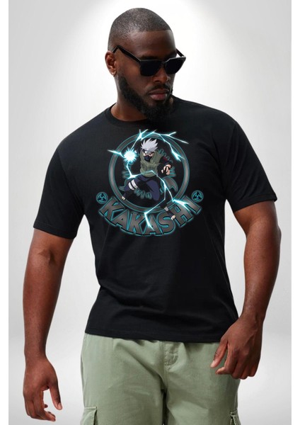 Naruto Shippuden Kakashi Lighting Siyah Büyük Beden Erkek Kadın Unisex Basic Ön Baskılı Tişört