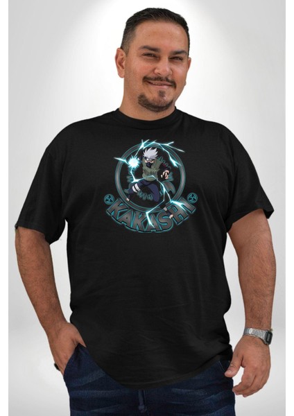 Naruto Shippuden Kakashi Lighting Siyah Büyük Beden Erkek Kadın Unisex Basic Ön Baskılı Tişört