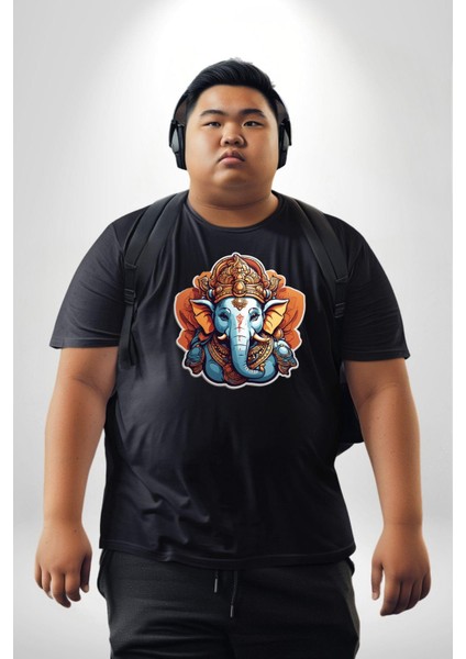Hindu Fil Bereket Tanrısı Siyah Büyük Beden Erkek Kadın Unisex Basic Ön Baskılı Tişört fiyatları