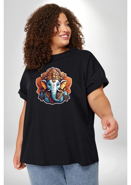 Hindu Fil Bereket Tanrısı Siyah Büyük Beden Erkek Kadın Unisex Basic Ön Baskılı Tişört modelleri