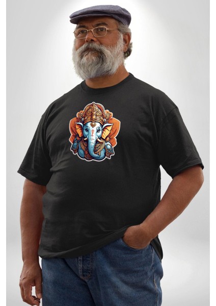 Hindu Fil Bereket Tanrısı Siyah Büyük Beden Erkek Kadın Unisex Basic Ön Baskılı Tişört fırsatları