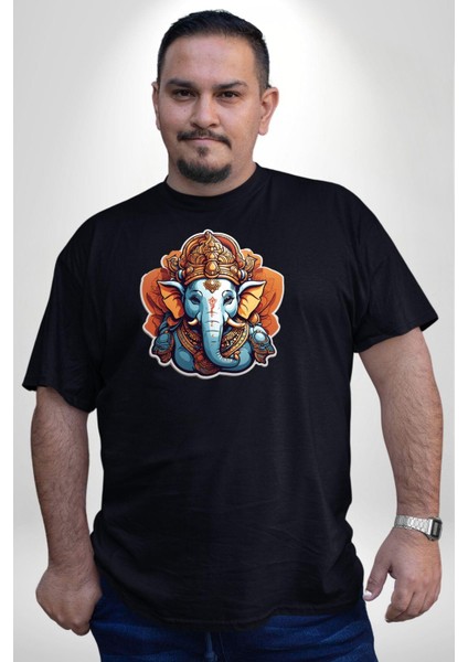 Hindu Fil Bereket Tanrısı Siyah Büyük Beden Erkek Kadın Unisex Basic Ön Baskılı Tişört indirimleri
